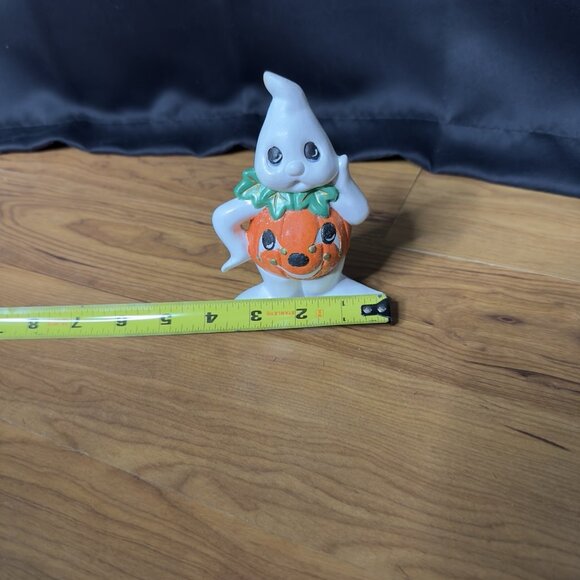 Vintage Ceramic Painted Ghost Pumpkin Jack O Lantern Kitsch Figurine Halloween - Picture 6 of 12